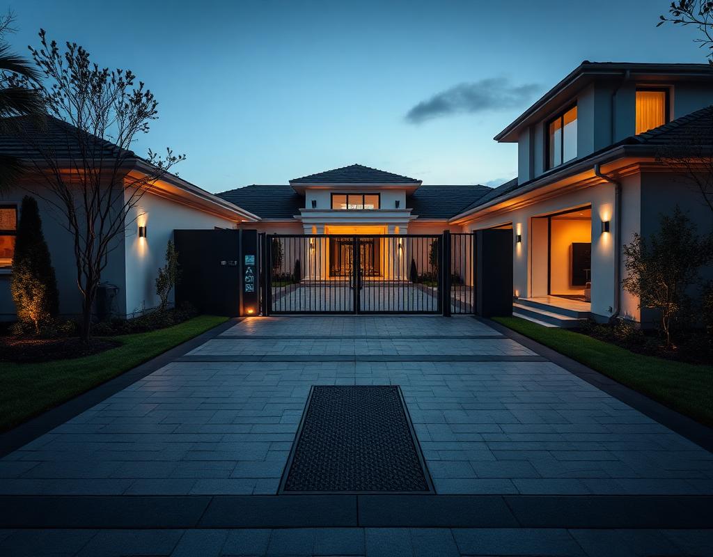 Aerial view of an estate driveway with a flush ground gate