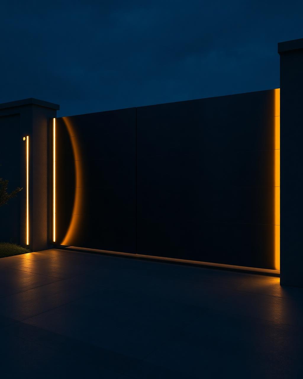 Detail of a titanium gate panel at night
